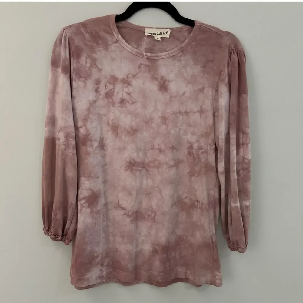 Johnny Was Calme Top Womens Tie Dye Puff Sleeve Blouse Boho Tencel Blend XS